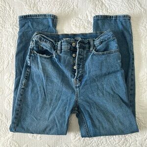 High waisted straight leg blue jeans